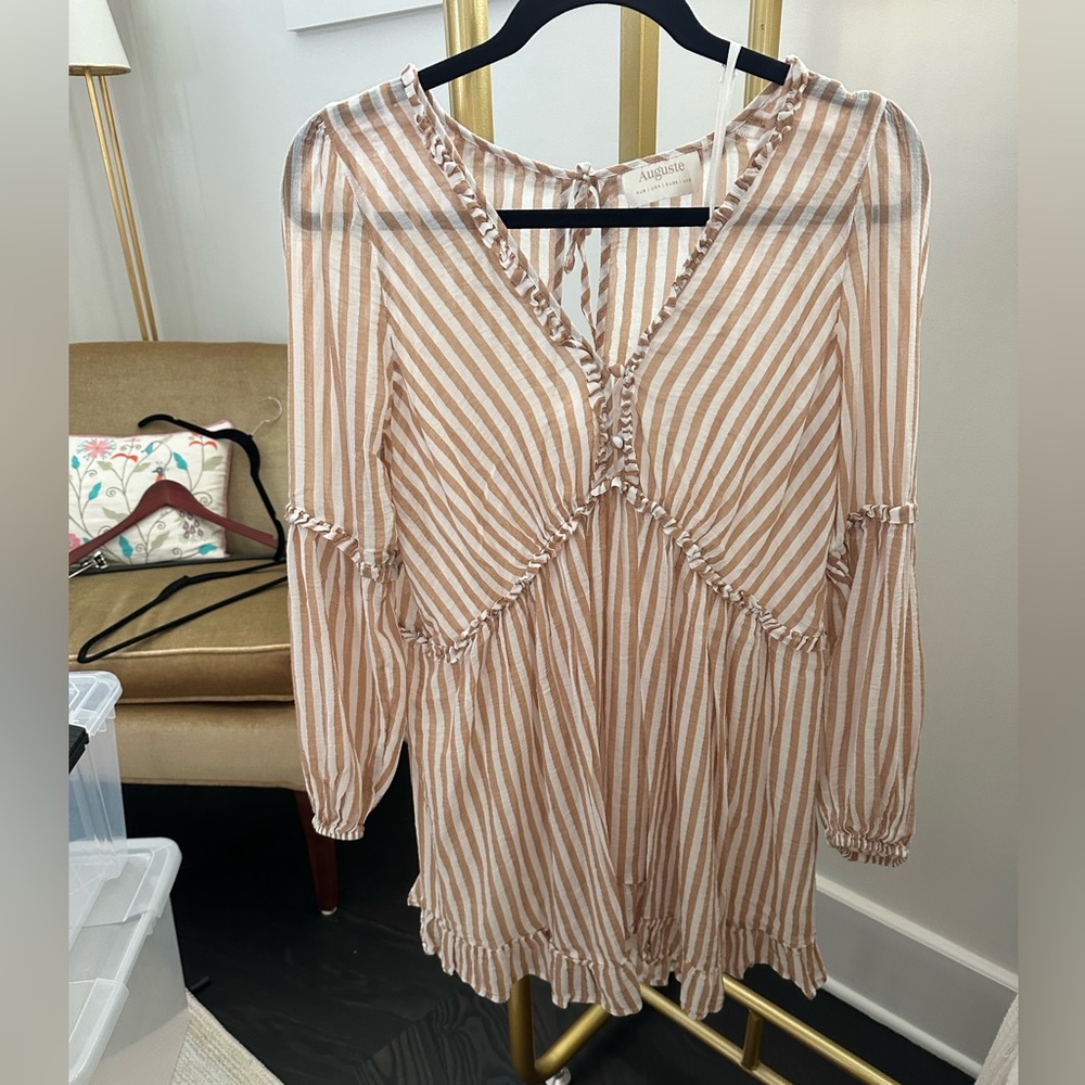 Long Sleeve, Midi Dress. White and Cream Stripes.